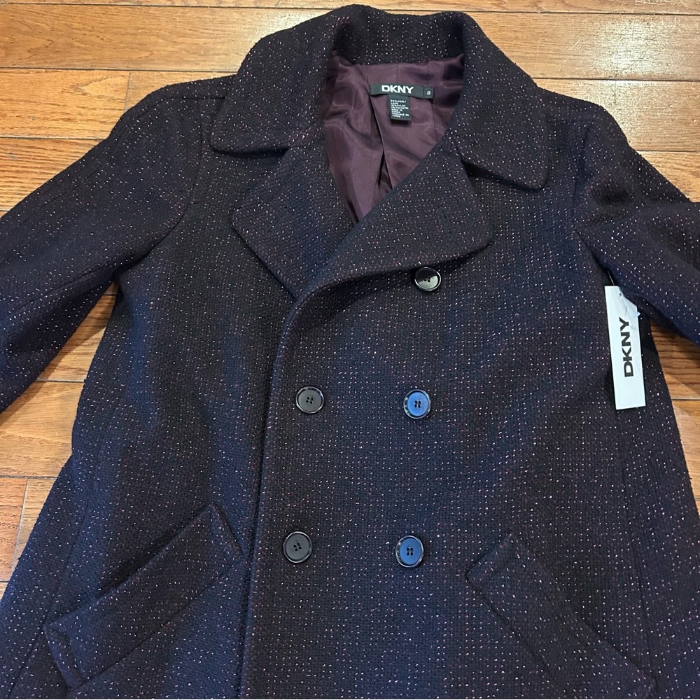 NEW DKNY Metallic Wool Tweed Blazer Pea Coat Winter Ski Jacket Purple Medium 8 - Picture 2 of 4